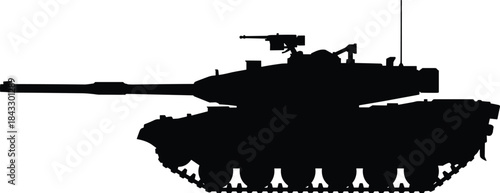 Military main battle tank silhouette vector drawing, black and white armed armored vehicle weapon war symbol on isolated background, heavy machinery.