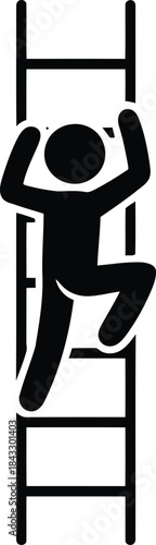 A black silhouette shows a person actively climbing a vertical ladder with both arms raised