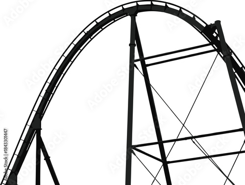 Minimalist Black Silhouette of an Intense Roller Coaster Drop Curve and Steep Track Structure on a Pure White Background