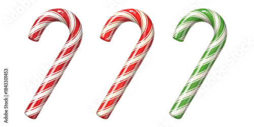 Realistic Christmas Candy Canes, Red White Green Festive Candy Vector Illustrations, Semi-Realistic Style