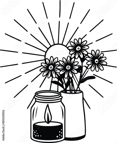 Black and white tropical floral vector illustration of a palm tree and flowers in a vase silhouette pattern