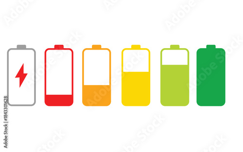 Battery charge level indicators in various stages from empty to full with colors