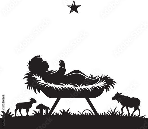 Minimal black silhouette of baby Jesus in manger holy nativity symbol isolated on pure white background vector style clean design