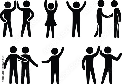 A collection of eight black stick figures showing various social interactions and friendly gestures