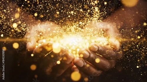 Close-up of hands holding sparkling golden bokeh symbolizing wealth abundance and prosperity Perfect for financial and celebration concepts 4K 10s