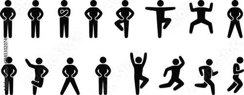A comprehensive set of black stick figures on a white background displaying various human postures and activities