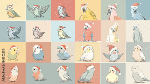 Cute songbirds wearing Santa hats in pastel colors. Playful festive characters ideal for holiday themes, kids decor, nursery art, and charming seasonal illustrations.