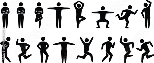 A diverse collection of twelve black silhouette figures showcasing a wide array of human poses and actions