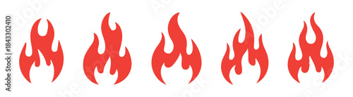 Set of red fire flame icon isolated on white background, red flames in different shapes collection