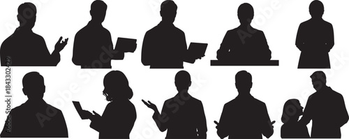 Silhouettes of people using various electronic devices