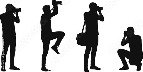 Professional Photographers Silhouette Vector Collection: Four Men Shooting Photos with DSLR Cameras in Various Poses
