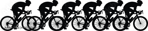 Professional road cyclists race in a line, group of six riders silhouette, competition, training, endurance sport vector illustration.