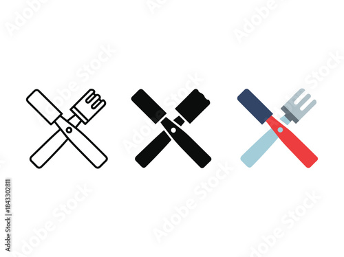 Crossed knife and fork icons in different styles