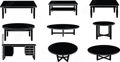 Collection of black silhouette tables in various shapes on transparent background