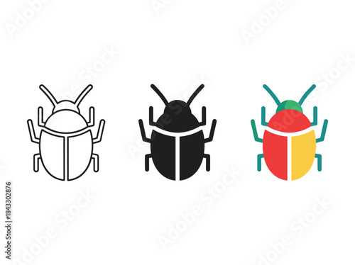 Collection of beetle icons in different styles and colors