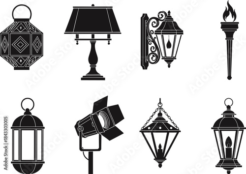 Set of Eight Black Silhouette Lighting Fixture Icons Vector Including Traditional Lanterns, Wall Sconce, Spotlight, Table Lamp, and Flaming Torch Design.