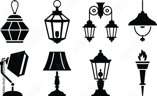 Set of Eight Black Silhouette Lighting Fixture Icons Vector Including Traditional Lanterns, Hanging Lamps, Spotlights, Table Lamps, and a Torch for Design.