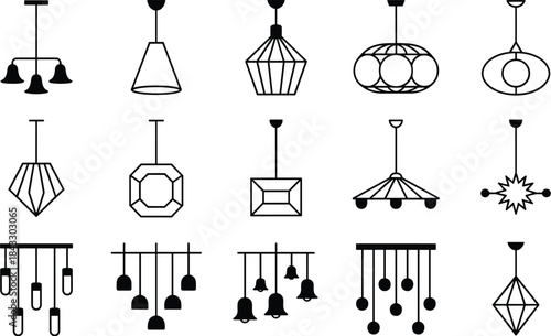 Extensive Black and White Outline Vector Set of Diverse Modern and Vintage Hanging Chandeliers and Pendant Light Fixtures for Interior Design Graphics.