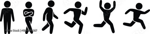 A row of black stick figures demonstrating various human poses like standing, walking, running, and jumping