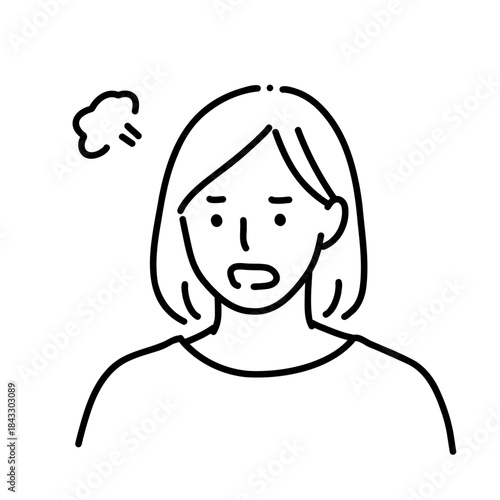 怒っている女性のモノクロ線画イラスト