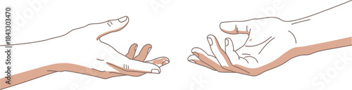 Two outstretched hands nearly touching with a glowing light between them on transparent background