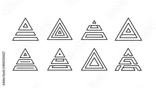 Collection of eight minimalist geometric pyramid icons featuring nested lines and abstract layered shapes for modern design