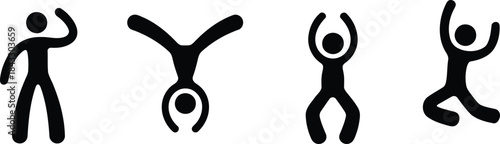 A set of four black silhouetted stick figures illustrates diverse dynamic actions and energetic dance poses on a white canvas
