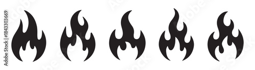 Set of fire flame icon isolated on white background, black flames in dynamic shapes collection