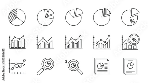 Collection of black and white line icons representing various financial charts graphs and data analysis tools for business reports
