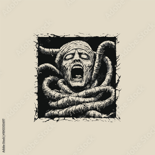 Horror illustration of an ancient mummy screaming with glowing eyes, wrapped and restrained by twisting, thick ropes or vines