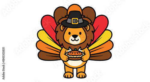 Cartoon lion wearing a pilgrim hat and turkey feathers holding a pie on a white background with a playful and festive mood.