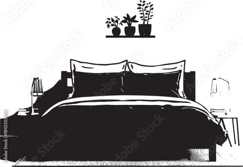 Cozy Bedroom Interior with Large Bed and Potted Plants on Shelf