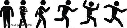 A small group of black stick figures on a white background showing standing, walking, and running movements