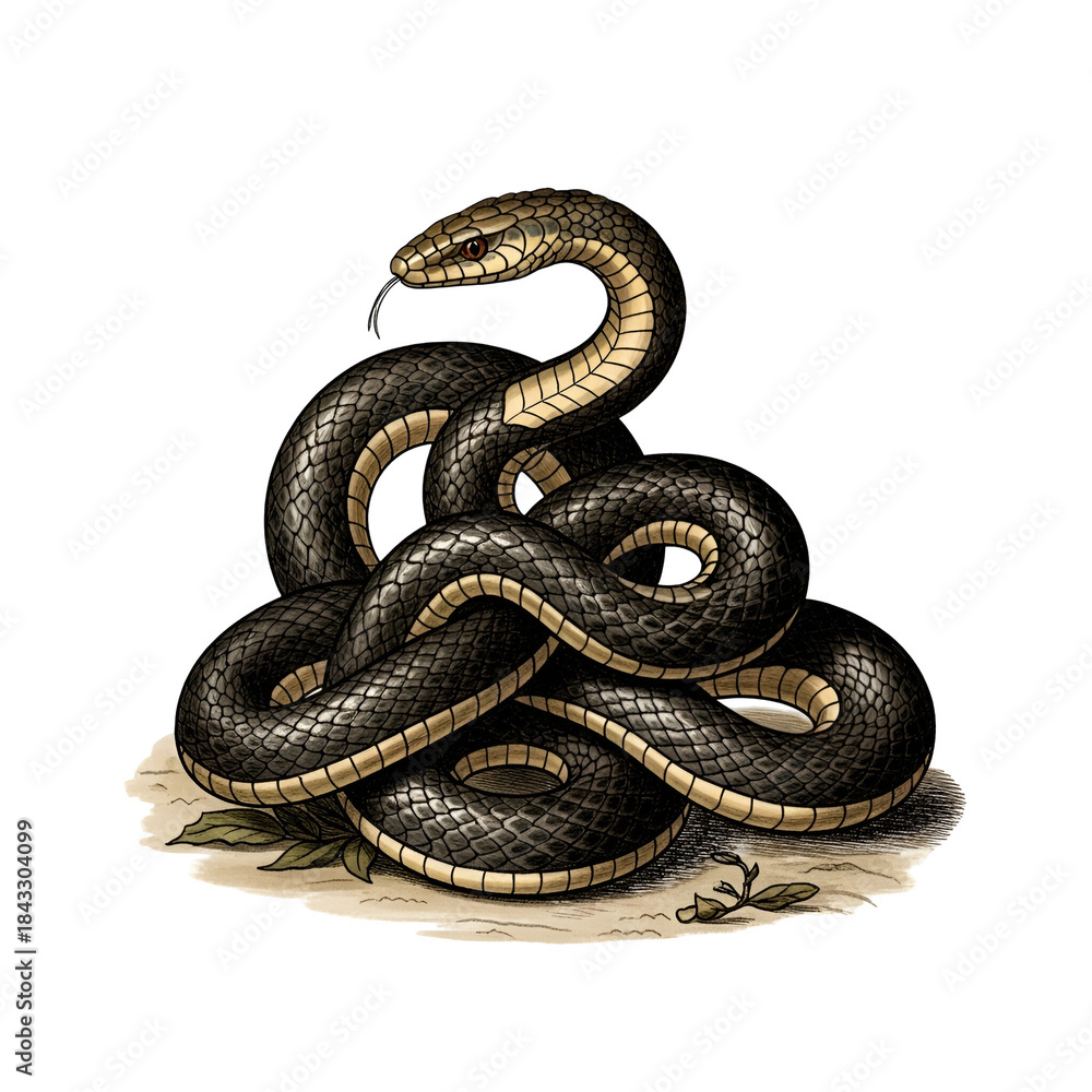 Fototapeta premium Coiled Dark Snake with Cream Stripes Resting on Ground Isolated on Transparent Background