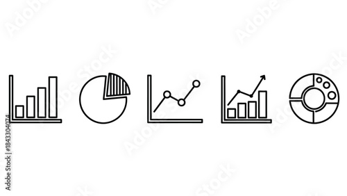 Collection of five distinct black line art icons representing various business data visualization charts and statistical graphs