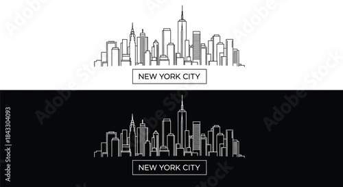 A grayscale illustration of the New York City skyline in two contrasting styles, one on a white background and the other on a black background.