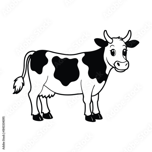 Cute cartoon vector illustration of a black and white dairy cow isolated on a white background representing farm livestock and agriculture