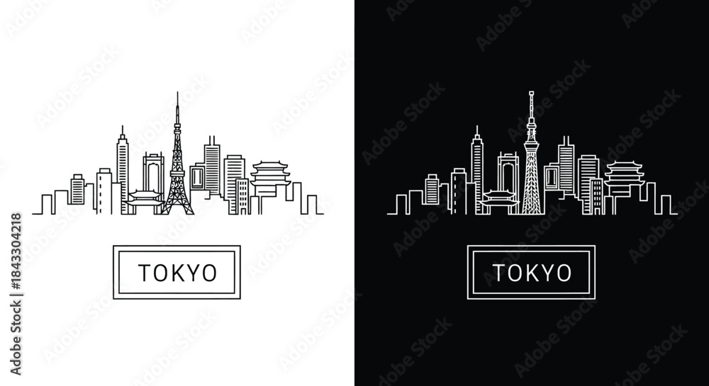 Fototapeta premium Monochrome illustrations of Tokyo city skyline with skyscrapers and buildings on white and black backgrounds with gray tones.