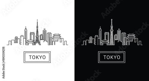 Monochrome illustrations of Tokyo city skyline with skyscrapers and buildings on white and black backgrounds with gray tones.