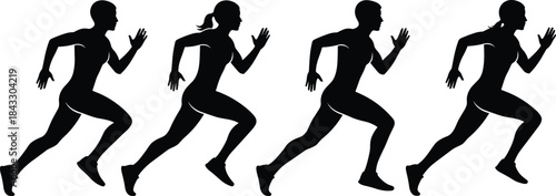 Runners sprinting silhouette, four athletes running fast, track and field, marathon training, fitness, endurance sport vector illustration.