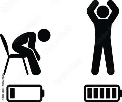 Visual representation comparing an exhausted person with low energy to an energized individual with a full battery