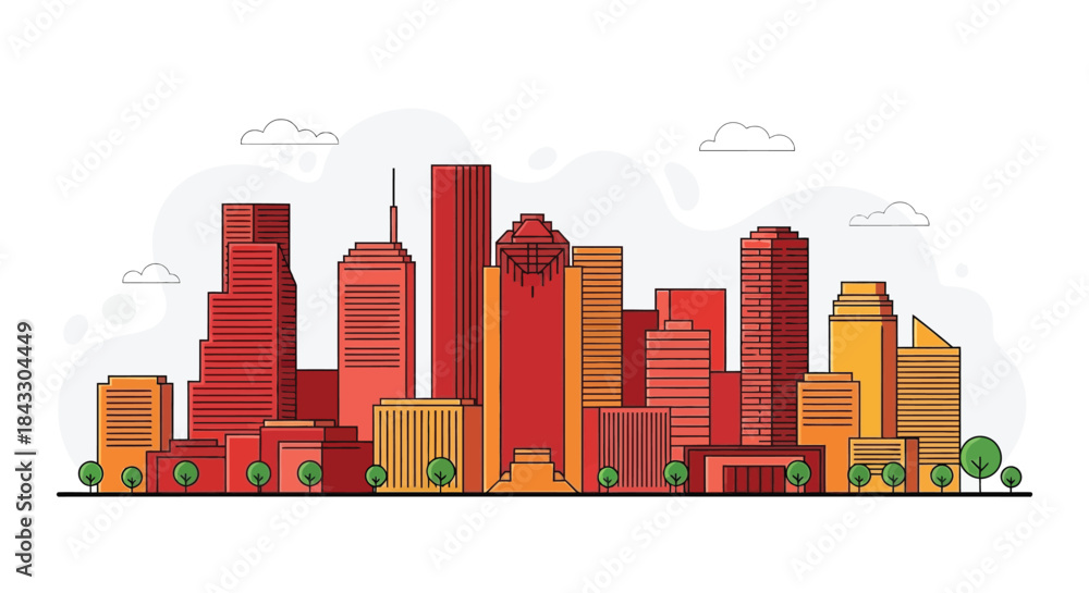 Fototapeta premium Flat illustration of a vibrant city skyline with various buildings and trees against a white background with clouds.
