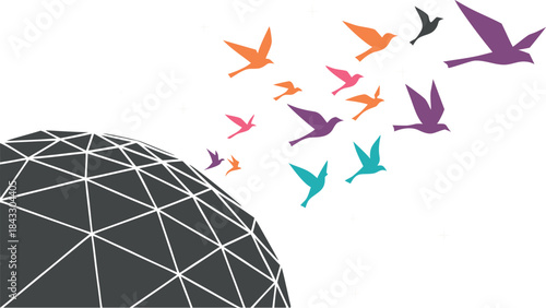 Geodesic Globe Releasing Flock of Colorful Flying Birds