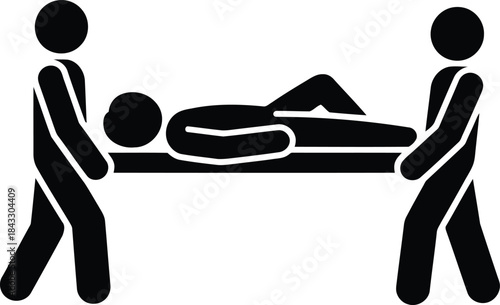 Two black stick figures are carefully transporting a third stick figure lying on a stretcher