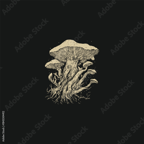 vintage engraving style illustration of a cluster of wild mushrooms with intricate roots and stems, growing from the ground