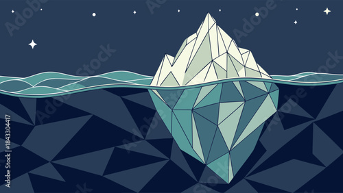 Low Poly Geometric Iceberg Showing Submerged Underwater Section at Night