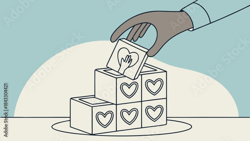 Hand Placing Charity or Volunteer Block on Stack of Blocks with Hearts