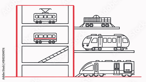 Collection of Rail and Transport Vehicles in Line Art Storage Display