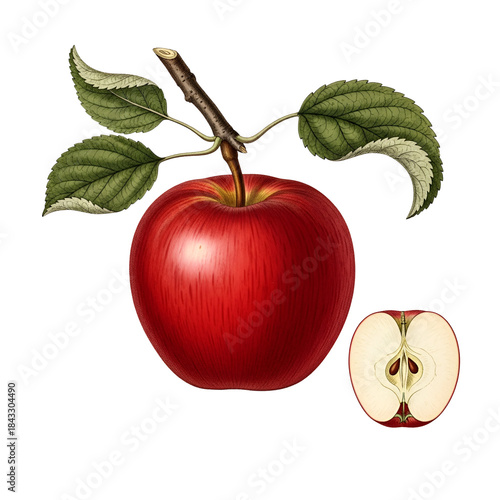 Vibrant Red Apple Botanical Illustration with Leaves and Cross Section