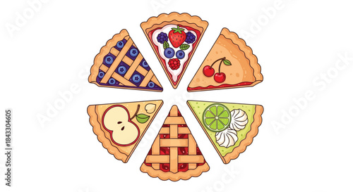 Flat lay illustration of six assorted pie slices arranged in a circle on a white background with various fruit and lattice toppings.
